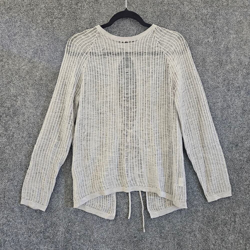 Gray Open-Knit Tie Front Cardigan Lightweight Long Sleeve Sweater